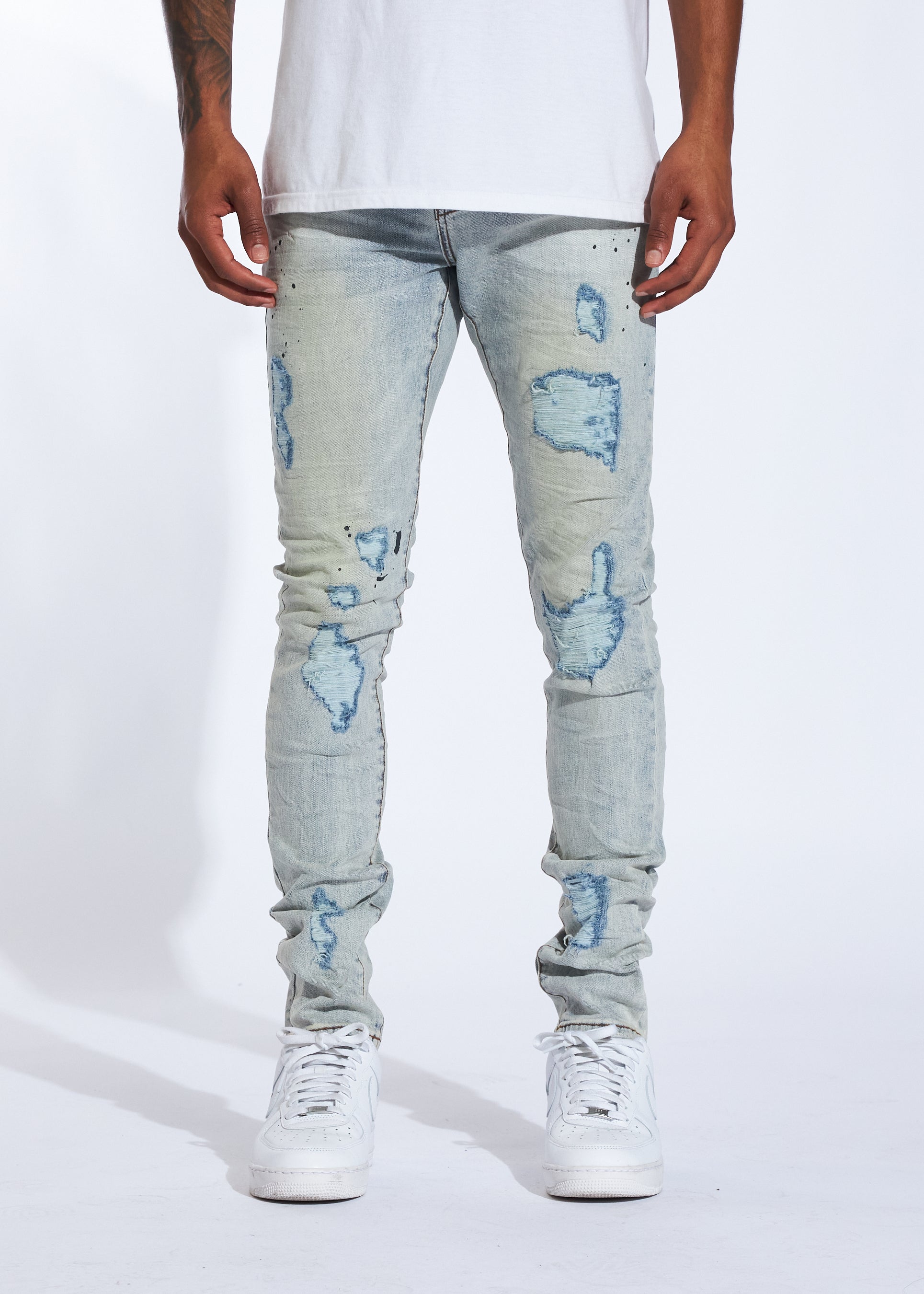 Paint Jeans Light Blue Skinny Flare Panel Paint Splatter Jeans
